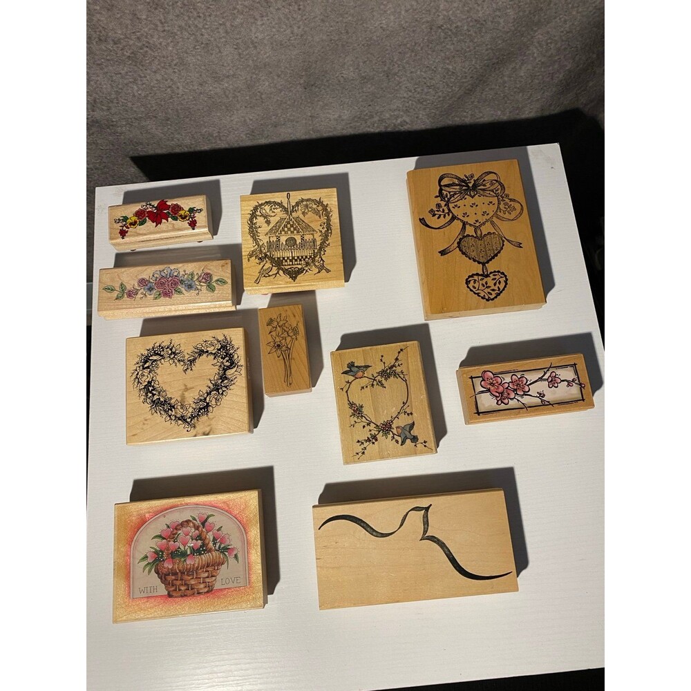 Lot of 10 Wood Mounted Rubber Stamps - PSX Stampendous Hampton Art Floral Hearts